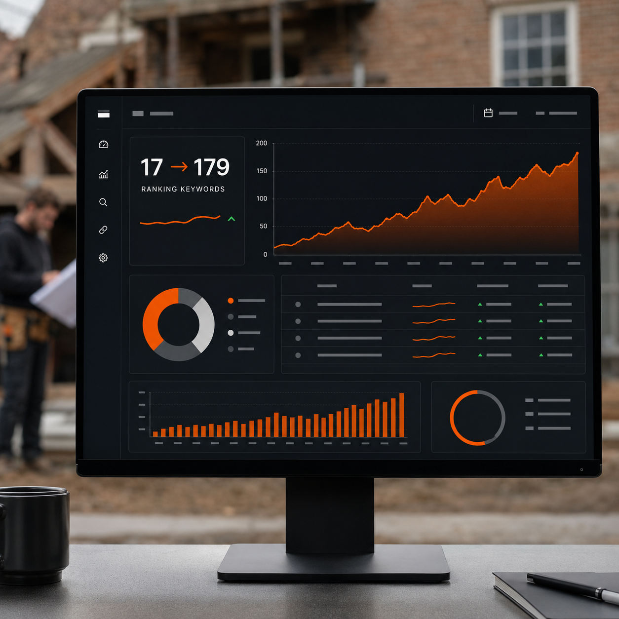 SEO reporting dashboard showing ranking keywords growing from 17 to 179