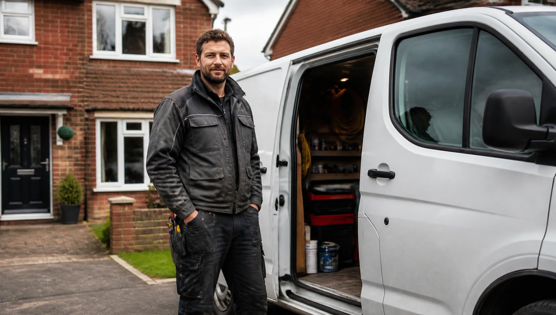 UK tradesperson beside a work van outside a residential property
